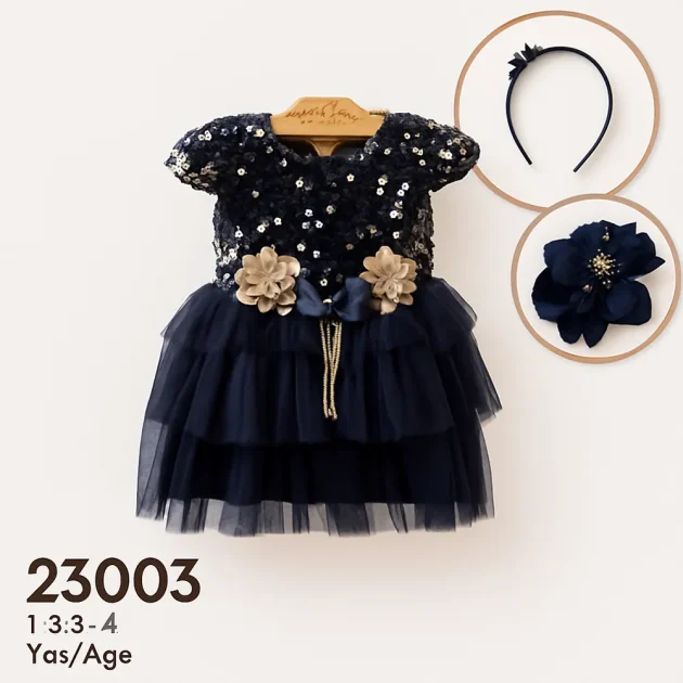 Payet işlemeli ve çiçek detaylı taç ile kombinli kız çocuk abiye elbisesi – kat kat tül etekli, 1-4 yaş arası için özel günlerde kullanılabilir model.